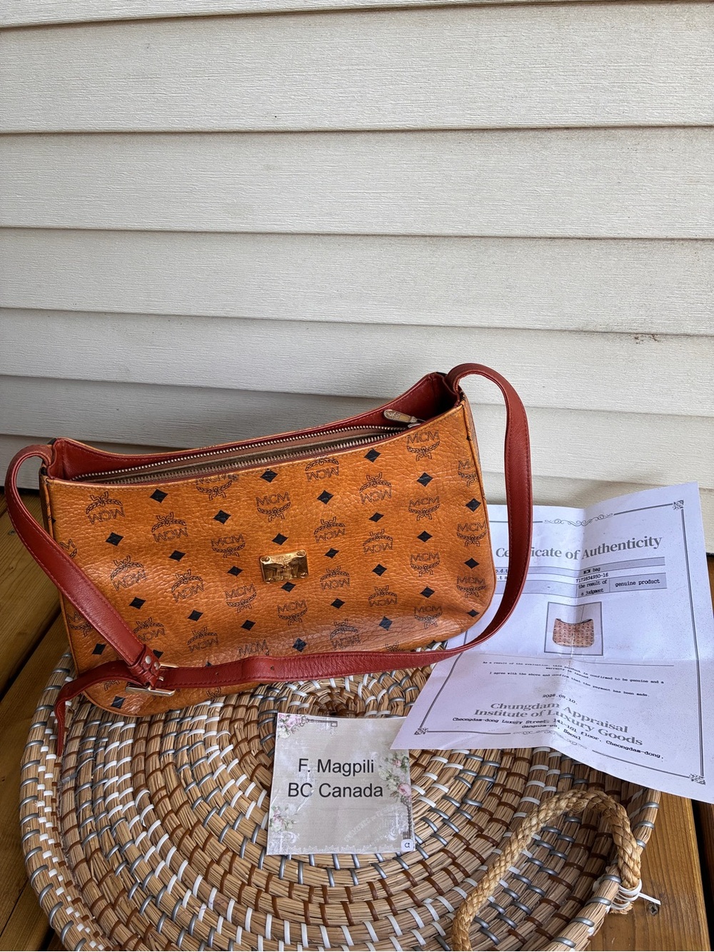 MCM Cognac Visetos Shoulder Bag with Burgundy Strap and Gold Plaque